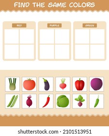 Find the same colors of vegetables. Searching and Matching game. Educational game for pre shool years kids and toddlers
