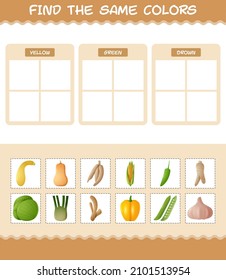 Finden Sie die gleichen Farben von Gemüse. Suche und Matching-Spiel. Erziehungsspiel für Kinder und Kleinkinder im Vorschulalter