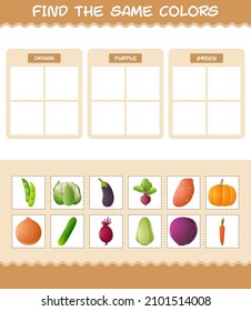 Find the same colors of vegetables. Searching and Matching game. Educational game for pre shool years kids and toddlers