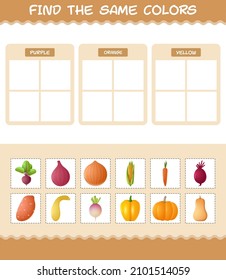 Find the same colors of vegetables. Searching and Matching game. Educational game for pre shool years kids and toddlers