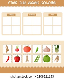 Find the same colors of vegetables. Searching and Matching game. Educational game for pre shool years kids and toddlers