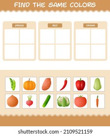 Find the same colors of vegetables. Searching and Matching game. Educational game for pre shool years kids and toddlers