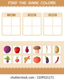 Finden Sie die gleichen Farben von Gemüse. Suche und Matching-Spiel. Erziehungsspiel für Kinder und Kleinkinder im Vorschulalter