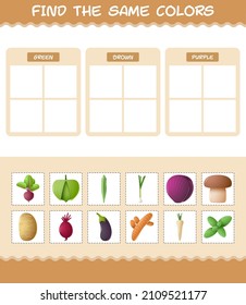 Find the same colors of vegetables. Searching and Matching game. Educational game for pre shool years kids and toddlers