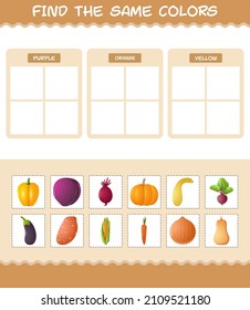 Find the same colors of vegetables. Searching and Matching game. Educational game for pre shool years kids and toddlers