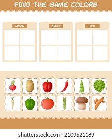 Find the same colors of vegetables. Searching and Matching game. Educational game for pre shool years kids and toddlers