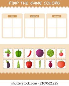 Find the same colors of vegetables. Searching and Matching game. Educational game for pre shool years kids and toddlers