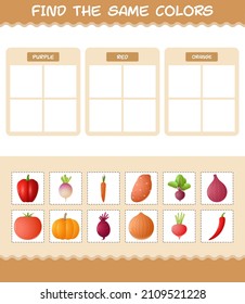 Find the same colors of vegetables. Searching and Matching game. Educational game for pre shool years kids and toddlers