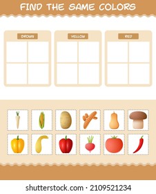 Finden Sie die gleichen Farben von Gemüse. Suche und Matching-Spiel. Erziehungsspiel für Kinder und Kleinkinder im Vorschulalter
