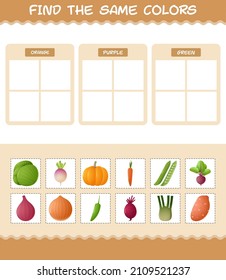 Find the same colors of vegetables. Searching and Matching game. Educational game for pre shool years kids and toddlers