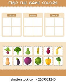 Find the same colors of vegetables. Searching and Matching game. Educational game for pre shool years kids and toddlers