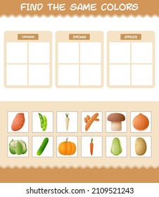 Find the same colors of vegetables. Searching and Matching game. Educational game for pre shool years kids and toddlers