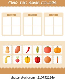 Find the same colors of vegetables. Searching and Matching game. Educational game for pre shool years kids and toddlers