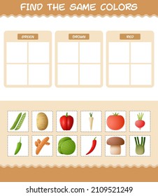 Find the same colors of vegetables. Searching and Matching game. Educational game for pre shool years kids and toddlers