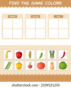 Finden Sie die gleichen Farben von Gemüse. Suche und Matching-Spiel. Erziehungsspiel für Kinder und Kleinkinder im Vorschulalter