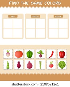 Find the same colors of vegetables. Searching and Matching game. Educational game for pre shool years kids and toddlers
