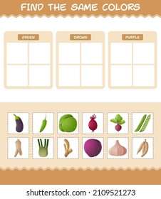 Find the same colors of vegetables. Searching and Matching game. Educational game for pre shool years kids and toddlers