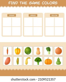Find the same colors of vegetables. Searching and Matching game. Educational game for pre shool years kids and toddlers