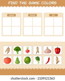 Encuentra los mismos colores de verduras. Juego de búsqueda y coincidencia. Juego educativo para niños y niños en edad preescolar