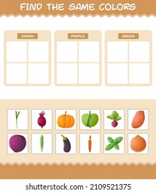 Find the same colors of vegetables. Searching and Matching game. Educational game for pre shool years kids and toddlers
