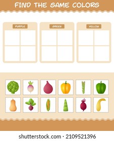 Finden Sie die gleichen Farben von Gemüse. Suche und Matching-Spiel. Erziehungsspiel für Kinder und Kleinkinder im Vorschulalter