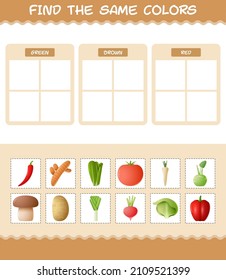 Find the same colors of vegetables. Searching and Matching game. Educational game for pre shool years kids and toddlers