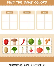 Find the same colors of vegetables. Searching and Matching game. Educational game for pre shool years kids and toddlers