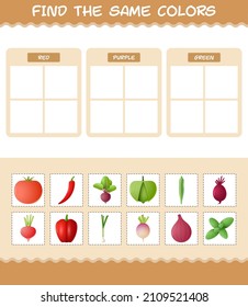 Find the same colors of vegetables. Searching and Matching game. Educational game for pre shool years kids and toddlers