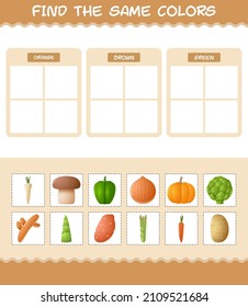 Find the same colors of vegetables. Searching and Matching game. Educational game for pre shool years kids and toddlers