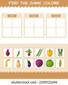 Find the same colors of vegetables. Searching and Matching game. Educational game for pre shool years kids and toddlers