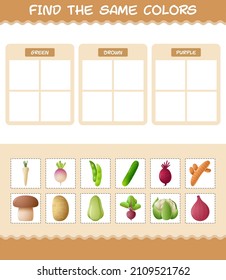 Encuentra los mismos colores de verduras. Juego de búsqueda y coincidencia. Juego educativo para niños y niños en edad preescolar