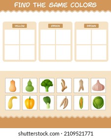 Encuentra los mismos colores de verduras. Juego de búsqueda y coincidencia. Juego educativo para niños y niños en edad preescolar