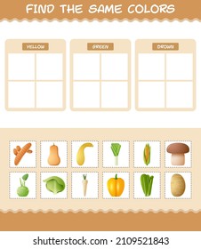 Find the same colors of vegetables. Searching and Matching game. Educational game for pre shool years kids and toddlers