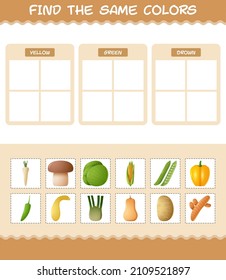 Find the same colors of vegetables. Searching and Matching game. Educational game for pre shool years kids and toddlers