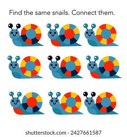 Find the same and connect them. Game for preschool children. Cartoon snails isolated on white background. Vector illustration.