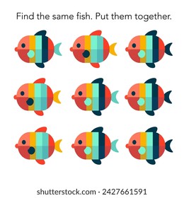 Find the same and connect them. Game for preschool children. Cartoon fish isolated on white background. Vector illustration.