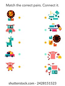 Find the same and connect them. Game for preschool children. Cartoon objects isolated on white background. Vector illustration