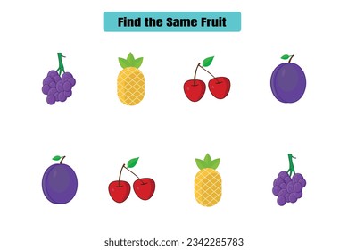 Find the same fruits. Educational game for kindergarten kids.