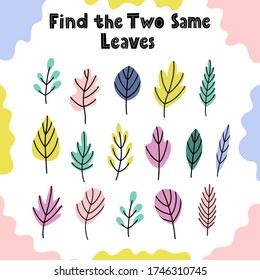 Find same leaves activity game for kids. I spy pair puzzle with plants. Search similar puzzle for toddlers. Vector illustration