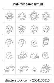 Find the same picture of black and white weather elements. Educational worksheet for kids.