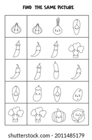 Find the same picture of black and white vegetables. Educational worksheet for kids.