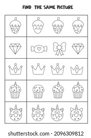 Find the same picture of black and white cute kawaii pictures. Educational worksheet for kids.