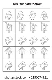 Find the same picture of black and white birds and birdhouses. Educational worksheet for kids.