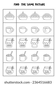 Find the same picture of black and white autumn items. Educational worksheet for kids.