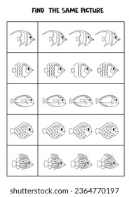 Encuentra la misma imagen de los peces de mar blanco y negro. Hoja de trabajo educativa para niños.