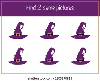 Find same picture - children educational game with Halloween witch hats. Vector illustration