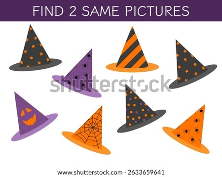 Find same picture - children educational game with Halloween witch hats. Vector illustration