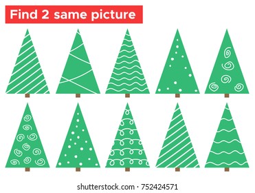 Find the same picture educational game for children. Funny doodle Christmas tree. Vector illustration.