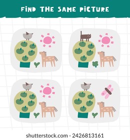 Find the same picture game for kids. Cute hand drawn doodle funny village, ranch, rural puzzle with horse, tree, bird. Educational worksheet, mind task, riddle, strategy quiz, mental teaser, challenge