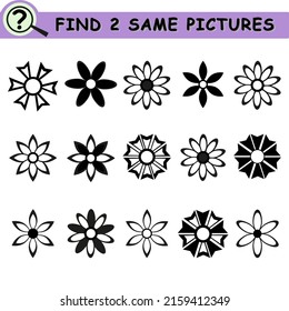 Find same pictures with black and white flower icons. Educational logical game for children. Vector illustration.